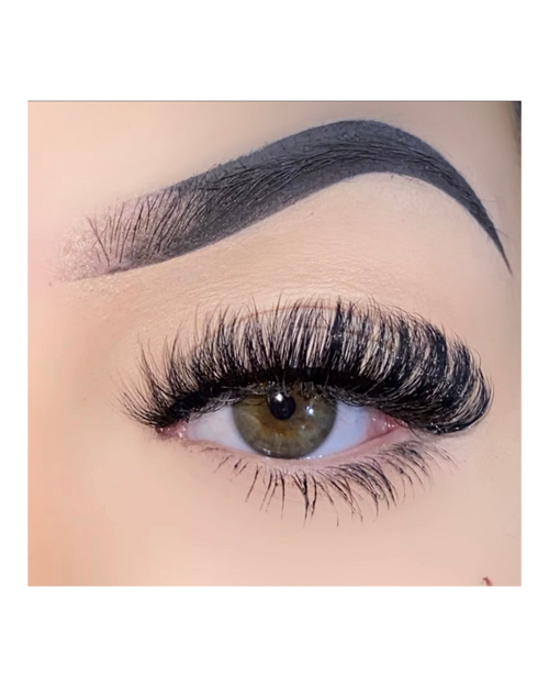 Close-up of an eye with long, dark eyelashes and a well-groomed eyebrow.